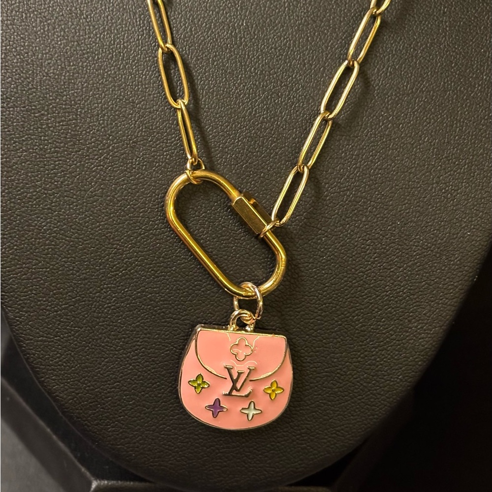Pink LV Zipper Pull Charm/Gold Plated Paper Clip Necklace